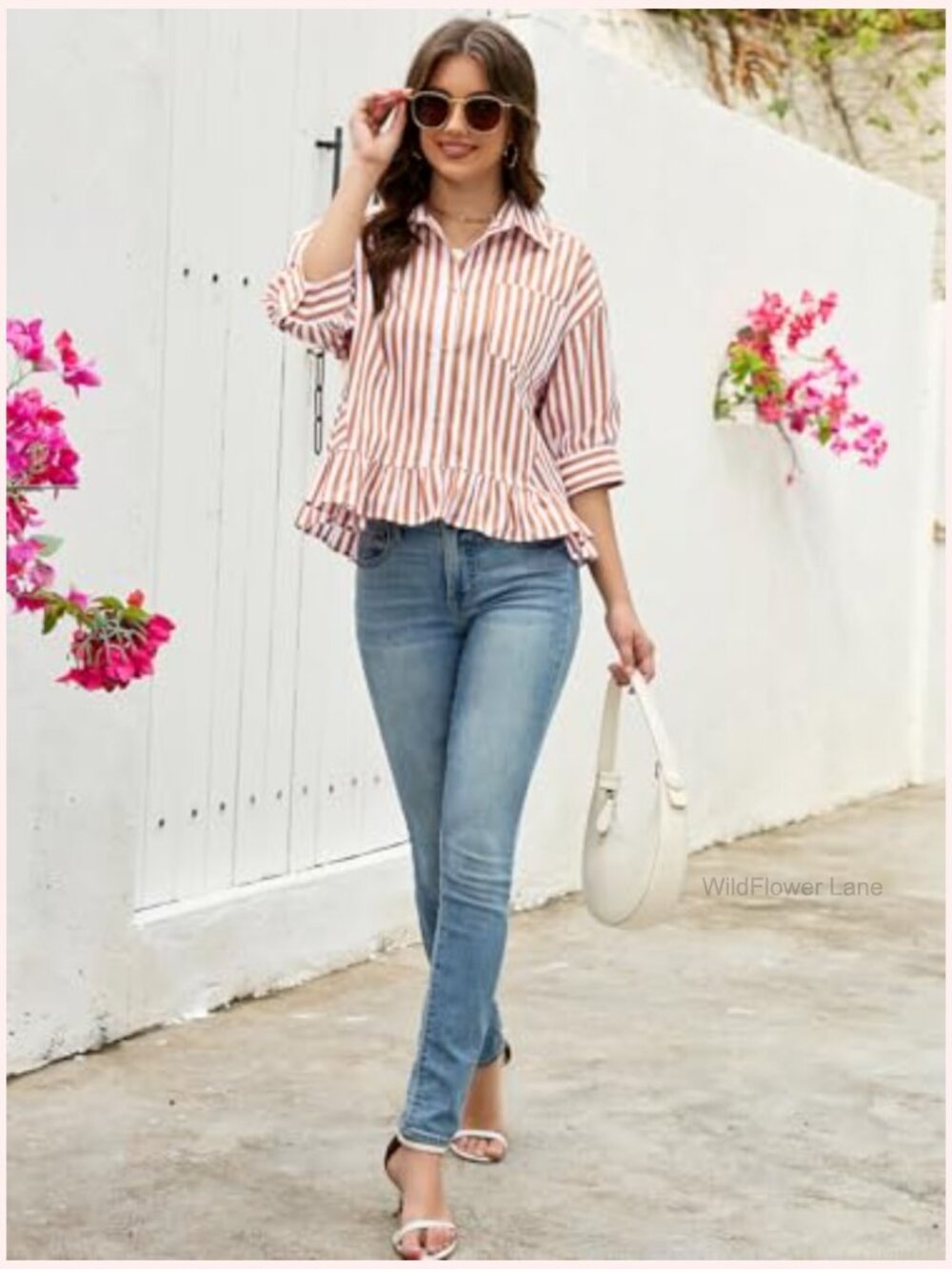 Cropped Striped Button Down Shirt Half Sleeve Ruffle Bottom V Neck Blouse Top - Picture 4 of 7